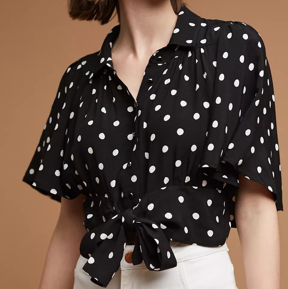 Anthropologie Maeve Black Polka Dot Cropped Flowy Top Women's Size 2